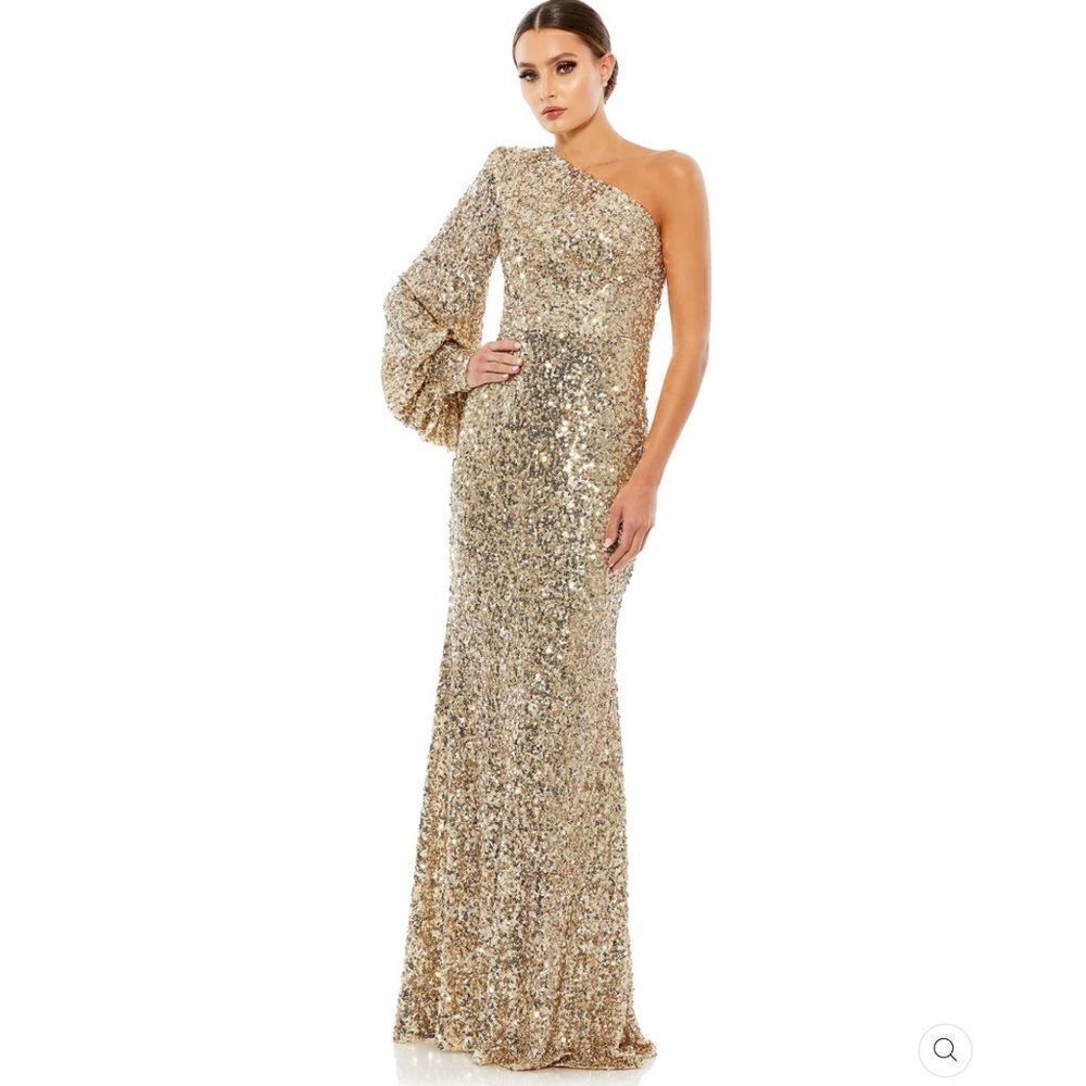 Mac Duggal 26717 SEQUINED ONE SHOULDER BISHOP SLEEVE TRUMPET GOWN